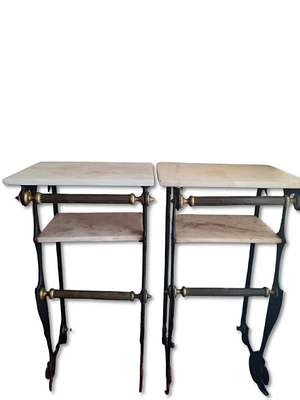 Set of 2 Side tables. Set consisting of two side tables in matte metal with marble top and 