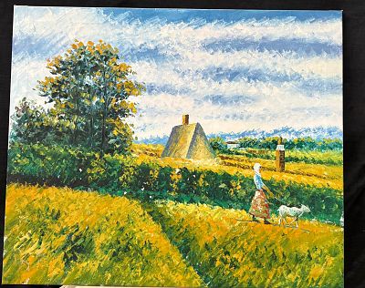 Decorative Canvas. Decorative acrylic canvas depicting a countryside landscape. Signs of use.