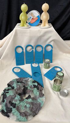 Bath Items. This set includes 3 standard army shower caps, 2 holders with scented candles, 8 "do 