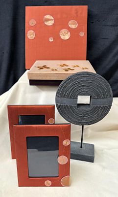 Decorative Items. This set includes one decorative silk frame, two natural silk photo holders 