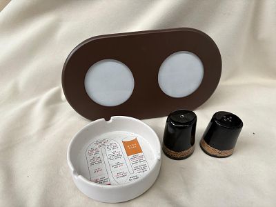 Decorative Items. Set comprising a lacquered wooden photo frame for two 9x9cm photos, a bone 