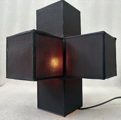 Table Lamp. Cube-shaped lamp in natural silk. Signs of use.