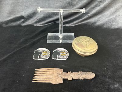 Curiosities Set. Set consisting of a wooden African comb, a decorative metal box, and two 