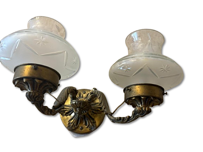 Wall Lamp. Two-arm metal wall lights with glass globes. Signs of use.