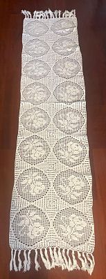 Table Runner. Handmade lace table runner with fringe. Signs of use.