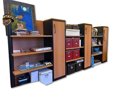Office Shelve. Modular office shelving unit, consisting of 3 modules with 6 shelves each, and 3 