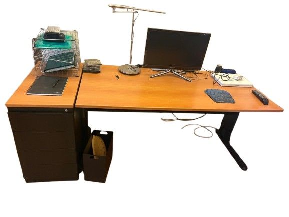 Office Desk. Office desk with wooden top and metal frame. Includes a case with 4 drawers. In 