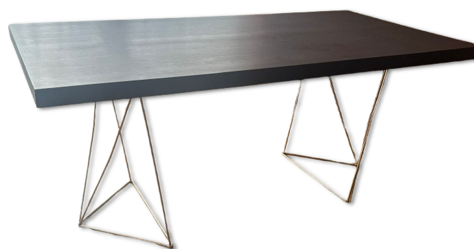 Dining Table. Contemporary style dining table with Zebrano veneer top and polished brass base. 