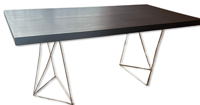 Dining Table. Contemporary style dining table with Zebrano veneer top and polished brass base. 