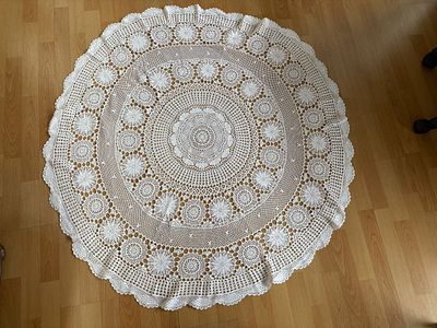 Lace Towel. Handmade circular lace tablecloth. Signs of wear.