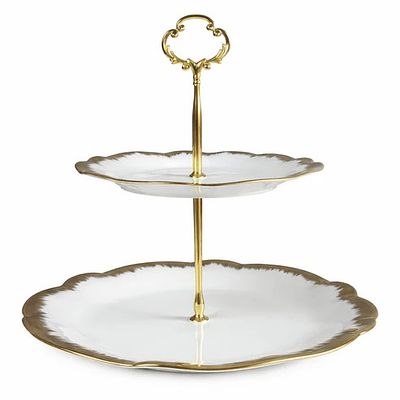 Suporte 2 Andares. Suporte de dois andares em porcelana com rebordo dourado.