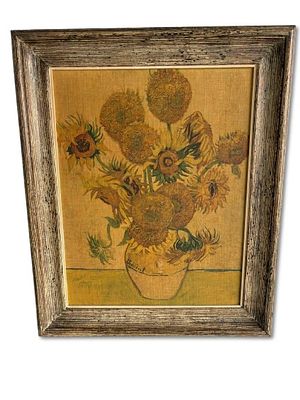 Batik R&eacute;plica Van Gogh. Batik de r&eacute;plica de Van Gogh em moldura de madeira. Sinais de uso.