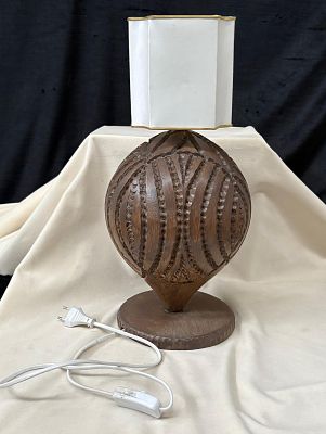 Table Lamp. Table lamp with carved wooden base and silk shade with gold trim. For a thin socket 