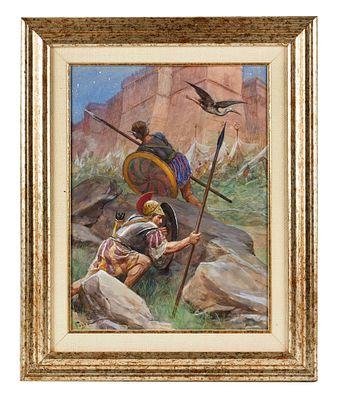 Fabio Fabbi (Bologna, 18/07/1861 - Casalecchio di Reno, 24/09/1945) "L'Iliade, Diomede e Ulisse esplorano il campo nemico" 1930 Acquerello su cartoncino Cm 40x30