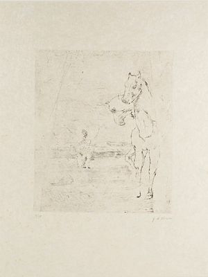 Giorgio De Chirico (Volo, 10/07/1888 - Roma, 20/11/1978) “Il ritorno del guerriero” 1972 Incisione a vernice molle su carta japon Cm 65x50