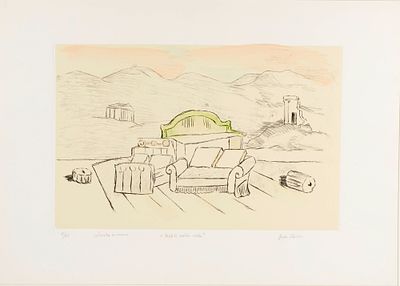 Giorgio De Chirico (Volo, 10/07/1888 - Roma, 20/11/1978) “Mobili nella valle” 1971 Incisione a vernice molle su carta Cm 50x70