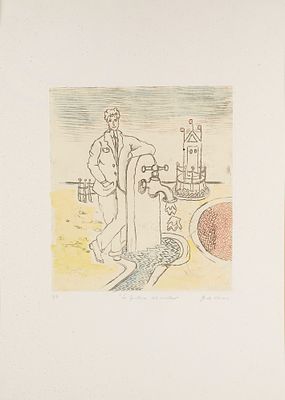 Giorgio De Chirico (Volo, 10/07/1888 - Roma, 20/11/1978) “La fontana del mistero” 1971 Incisione a vernice molle su carta Cm 70x50,5
