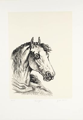 Giorgio De Chirico (Volo, 10/07/1888 - Roma, 20/11/1978) “Bucefalo” 1969 Litografia su fondo colorato su carta Cm 70,5x50,5