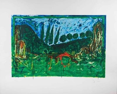 Mario Schifano (Homs, 20/09/1934 - Roma, 26/01/1998) “Veduta centro italiano” 1988 Serigrafia polimaterica su carta Cm 100x120