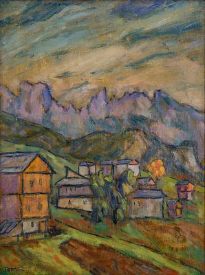Paesaggio montano - FIORENZO TOMEA (Zoppè di Cadore, 1910 - Milano, 1960) Paesaggio montano olio 
