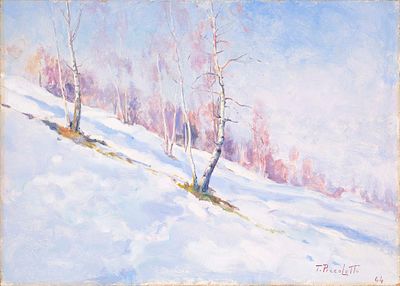 Paesaggio innevato - TONI PICCOLOTTO (Lentiai (BL) 1903 - 1970, - ) Paesaggio innevato 1964 olio 