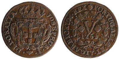 D.José I - V Réis 1764, MBC, A.G:06.04, Apresenta vestígios de ter sido envernizada, Cobre