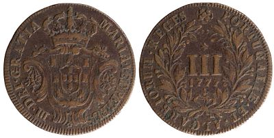 D.Maria I e D.Pedro III - III Réis 1777, MBC, A.G:01.01, Cobre