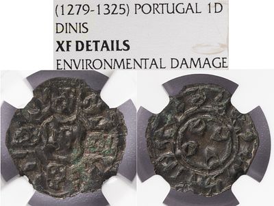 D.Dinis I - Dinheiro, NGC XF Details Environmental Damage, A.G:03.01, Bolh&atilde;o