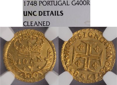 D.Jo&atilde;o V - Pinto 1748, NGC UNC Details Cleaned, A.G:84.18, Ouro, Portugal