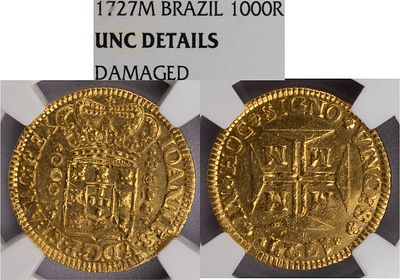 D.Jo&atilde;o V -Quartinho (1000 R&eacute;is) 1727 Minas Gerais, NGC UNC Details Damaged, A.G:93.04, Muito 