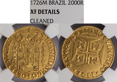 D.Jo&atilde;o V - 2000 R&eacute;is (1/2 Moeda) 1726 Minas Gerais, NGC XF Details Cleaned, A.G:98.03, Muito 