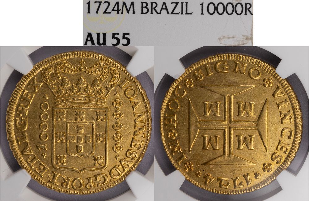 D.Jo&atilde;o V - 1/2 Dobr&atilde;o (10.000 R&eacute;is) 1724 Minas Gerais, NGC AU 55, Muito Raro e Bonito 
