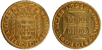 D.Jo&atilde;o V - Dobr&atilde;o (20.000 R&eacute;is) 1725 Minas Gerais, MBC, A.G:106.02, 53,64gr, Ouro, Portugal/Brazil