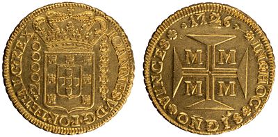 D.Jo&atilde;o V - Dobr&atilde;o (20.000 R&eacute;is) 1726 Minas Gerais, MBC+, A.G:106.03, 53.36gr, Ouro, Portugal/Brazil