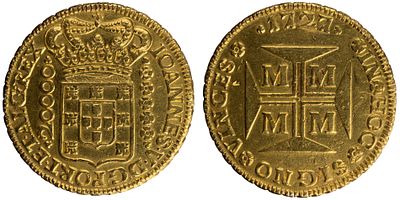 D.Jo&atilde;o V - Dobr&atilde;o (20.000 R&eacute;is) 1727 Minas Gerais, MBC, A.G:106.04, 53.38gr, Ouro, Portugal/Brazil