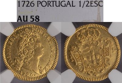 D.Jo&atilde;o V - 1/2 Escudo (800 R&eacute;is) 1726, NGC AU 58, A.G:110.05, Rara Neste Estado, Ouro, Portugal