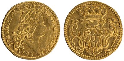 D.Jo&atilde;o V - 1/2 Escudo (800 R&eacute;is) 1741, MBC-, A.G:112.01V, 1.72gr, Ouro, Portugal
