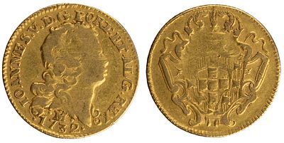 D.Jo&atilde;o V - 1/2 Escudo (800 R&eacute;is) 1732 Minas Gerais, BC+, A.G:115.07, 1,62gr, Ouro, Portugal/Brazil