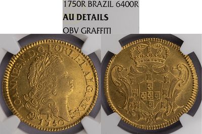 D.Jo&atilde;o V - Pe&ccedil;a (6400 R&eacute;is) 1750 Rio de Janeiro, NGC AU Details OBV Graffiti, A.G:132.41, Ouro 