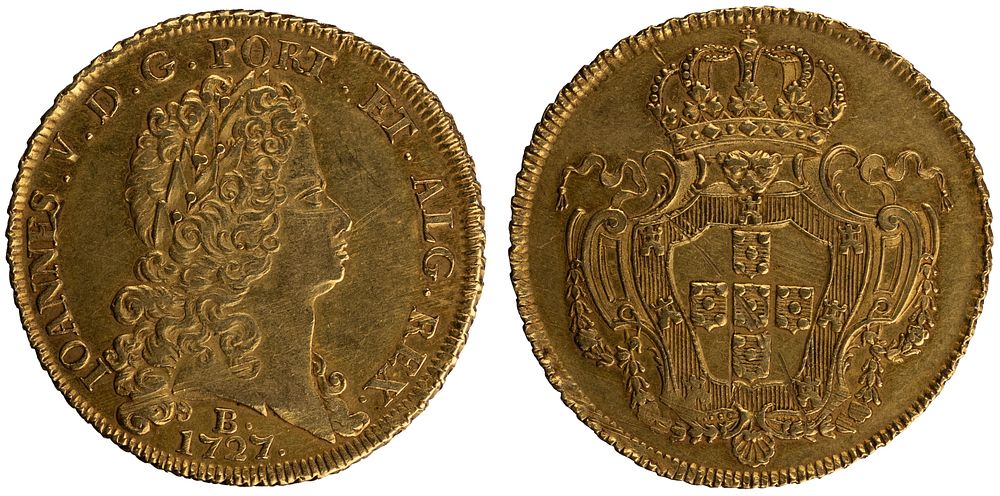 D.Jo&atilde;o V - Dobra (12.800R&eacute;is) 1727 Bahia 1&ordm;Tipo, MBC+, A.G:135.01, Muito Rara, Ouro, Portugal/Brazil