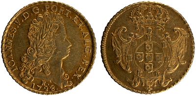 D.Jo&atilde;o V - Dobra (12.800 R&eacute;is) 1728 Rio de Janeiro, MBC, A.G:139.02, Data Emendada, 28,52gr 