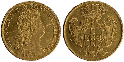 D.Jo&atilde;o V - Dobra (12.800 R&eacute;is) 1729 Rio de Janeiro, MBC+, A.G:139.04, 28.55gr, Ouro, Portugal/Brazil