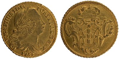 D.Jos&eacute; I - Pe&ccedil;a (6.400 R&eacute;is) 1753 Bahia, MBC, A.G:54.03, 14.24gr, Ouro, Portugal/Brazil