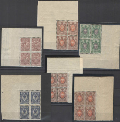 1912-1916 гг.
Марки из 19-го стандартного выпуска в квартблоках с угловым полем. 6 штук. 