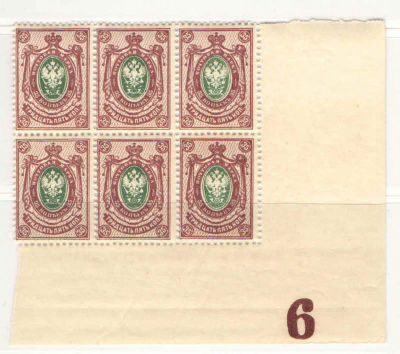 1908 г. Российская Империя. 19 выпуск. Без ВЗ. Часть листа -6 марок. Угол. Контрольный знак 