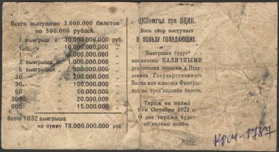 1922 г. Лотерея " ЦКПолгол при ВЦИК" . Выигрышный билетна на 500 000 руб. Состояние 