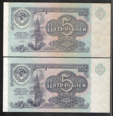 1991 г. Банкнота СССР достоинством в 5 рублей. Лот из 2 штук. Состояние Хорошее