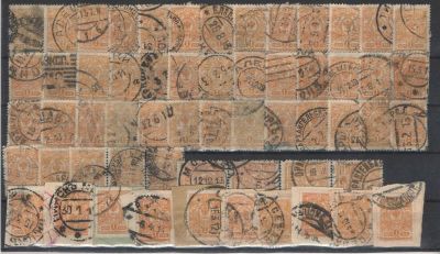 1908 г. Гашеные марки Российской Империи. 19 выпуск. Номинал "1 коп". 110 штук. Номер по 