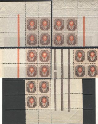 1908 г. Российская Империя. 19 выпуск. Комплект из 5 квартблоков с контрольными знаками. 