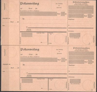 Германия. Комплект из двух бланков. Квитанции для денежных переводов. Состояние материала: **